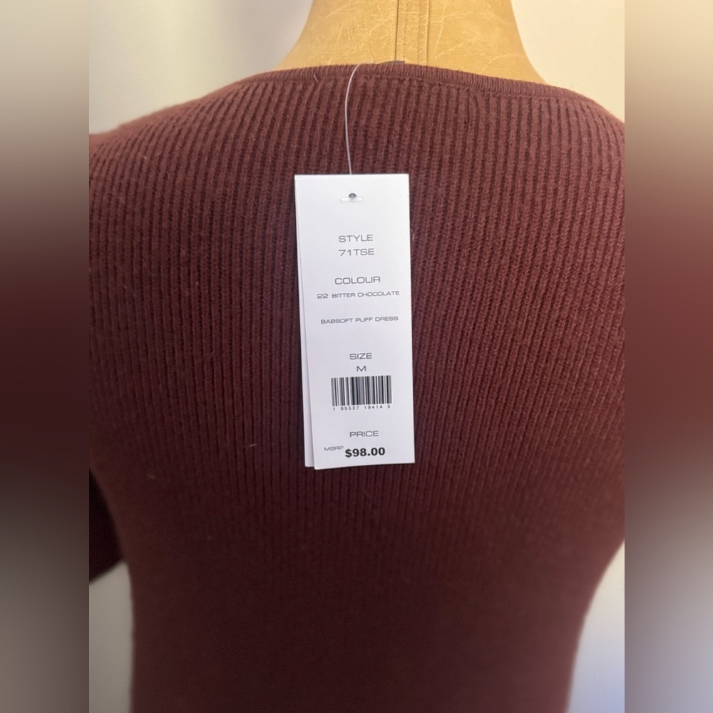 NWT FRENCH CONNECTION Chocolate Ribbed Puff Sleeve Dress (M) - Picture 8 of 11